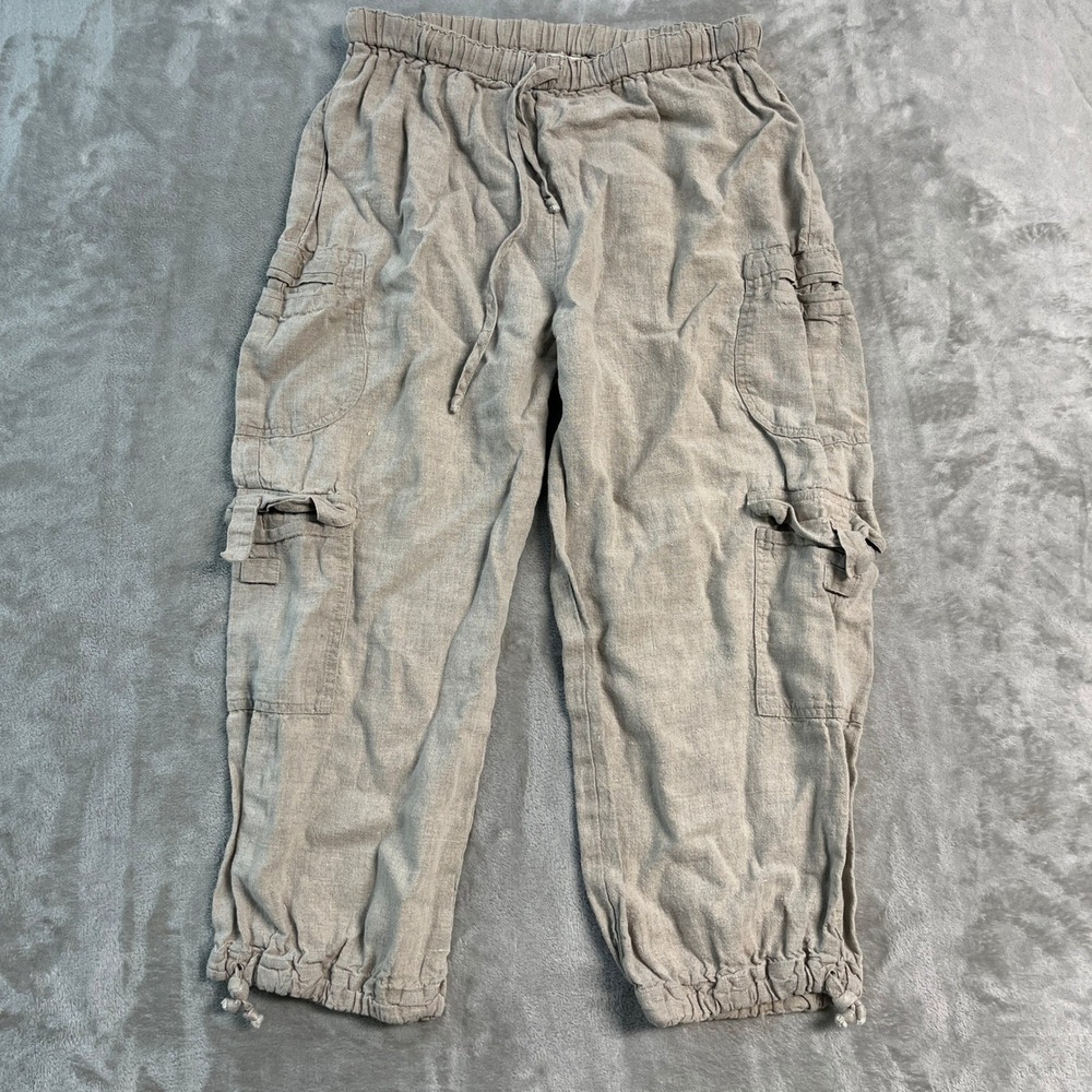 Flax 100% Linen Cargo Cropped Pants Womens Medium Oatmeal Beige Drawstring Hem